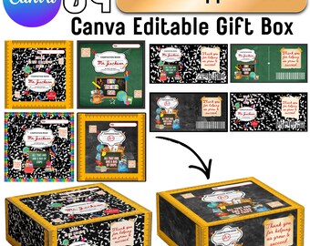 Plantilla editable de Canva para caja de regalo de agradecimiento a profesores, caja de agradecimiento para profesores, caja de regalo imprimible DIY, idea de regalo escolar, descarga digital