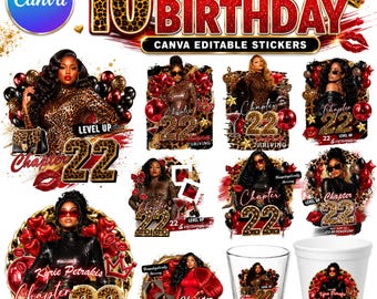 Cheetah print verjaardag canva sjabloonbundel, Wild One Party-chiptas en stickerontwerpen, bewerkbare hoofdstuk 22 verjaardag canvaontwerpen, digitaal