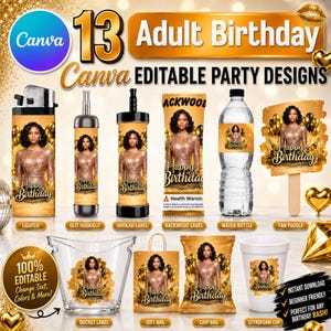 Plantilla para recuerdos de fiesta de cumpleaños para adultos, Canva editable, decoraciones amarillas para fiestas, vasos de poliestireno, vaso de chupito, etiqueta para bolígrafo de narguile Olit, juego de cubos