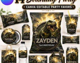 Dinosaur Party Favor Bundle, Canva Editable Chip Bag & Water Bottle Label Template, Jurassic Birthday Party Decor, Dino Party Kit, Digital