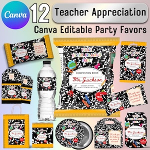 Teacher Appreciation Week Bundle, Teacher Party Favor Pack, Canva Editable Classroom Decor, Printable Teacher Gifts, Chip Bag, Bottle Labels