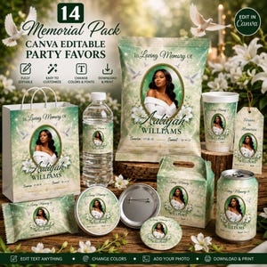 May include: A memorial party favor set featuring a green and white theme with doves and floral accents. Items include a gift bag, water bottle label, chip bag, cup, favor box, button, and tag, all personalized with a photo of Aaliyah Williams.