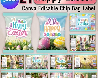 21 Easter Chip Bag Bundle Canva Editable Designs, Easter Party Favor Templates, Bunny Egg Bags, Printable Snack Wrapper, Instant Download
