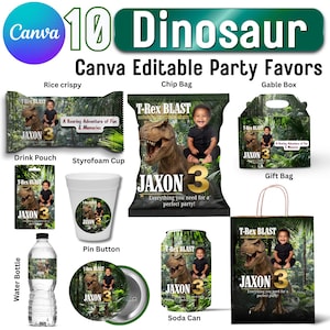 Peut inclure: Ensemble de cadeaux de fête sur le thème des dinosaures. Comprend une barre de riz soufflé, un sachet de chips, une boîte gable, une gourde, un gobelet en polystyrène, un sac cadeau, une bouteille d'eau, un bouton et une canette de soda. Chaque article présente un T-Rex et le texte "Jaxon 3".