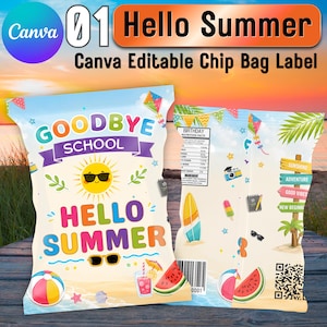 Może przedstawiać: Cyfrowy szablon etykiety na paczkę chipsów z motywem letnim i napisem Goodbye School Hello Summer. Projekt zawiera słońce w okularach przeciwsłonecznych, piłkę plażową, kawałek arbuza, deskę surfingową oraz kod QR na piaszczystym tle.