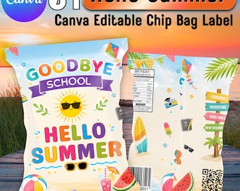Goodbye School Hello Summer Chip Bag Template | End of School Party Favor Bag | Summer Snack Wrapper Printable | Editable Canva Design