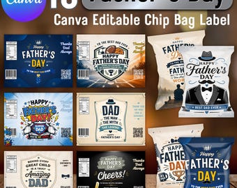 15 Vatertag Chip Bag Canva Vorlagen, bearbeitbare Dad Snack Bag Wrappers, Dad Party Favor Bundle, Vatertag Geschenkverpackung, Sofort Download