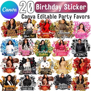 Pode incluir: Um conjunto de 20 autocolantes de aniversário editáveis ​​da Canva. Os designs incluem imagens de pessoas, texto como "Sweet 16" e elementos decorativos como balões e cartas de jogar. Ideais para lembrancinhas de festa.