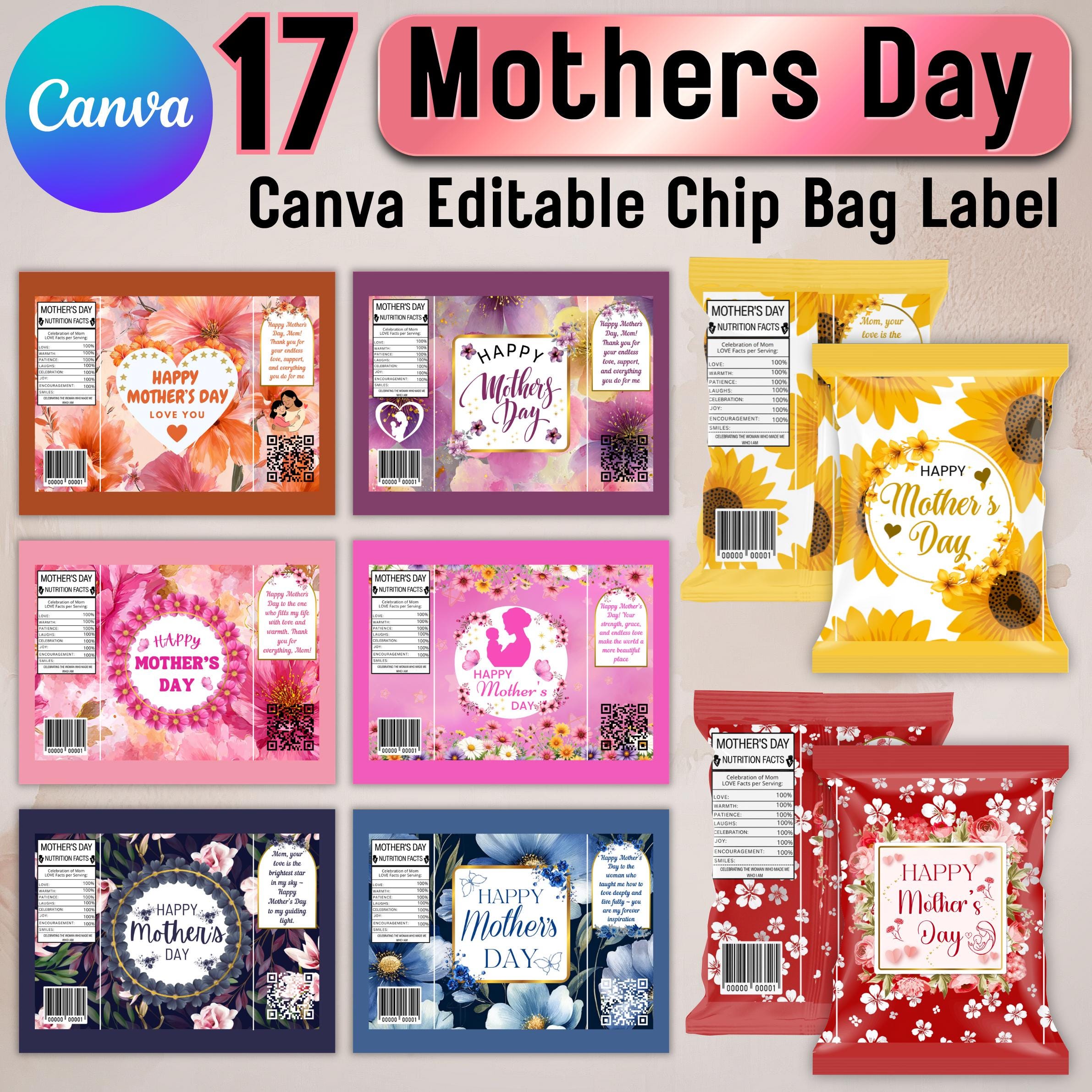 17x Mothers Day Chip Bag Bundle, Editable Canva Mother's Day Templates ...