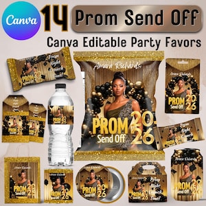 Puede incluir: Un conjunto de recuerdos de fiesta editables en Canva con temática de graduación. El diseño presenta a una mujer con un vestido formal, globos dorados y negros, y el texto "PROM 26 Send Off". Incluye varios artículos.