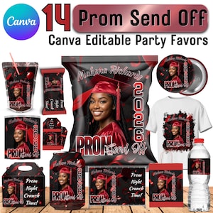 May include: A collection of party favors with a graduation theme. The items include a chip bag, drink pouch, candy bar, can, gift box, gift bag, water bottle, and a t-shirt. All items feature a photo of a graduate in a red cap and gown, with the text "Prom Send Off 2026".