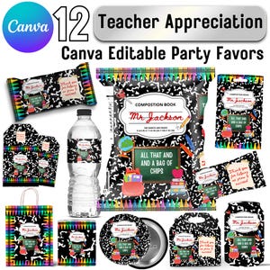 May include: A selection of teacher appreciation party favours with a composition book theme. Items include candy bar wrappers, water bottle labels, chip bags, gift bags, and more. The text includes "Mr. Jackson" and "All that and a bag of chips."