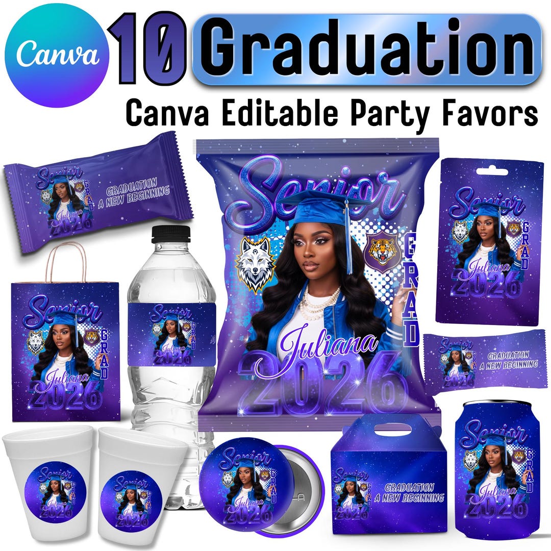 Graduation Party Favor Template Bundle, Blue Canva Editable Graduation ...