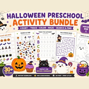 Op de afbeelding: Een Halloween voorschools activiteitenpakket met printbare werkbladen voor tellen, overtrekken, kleuren, doolhoven en zoek-en-vind opdrachten. Bevat illustraties van spoken, pompoenen, vleermuizen en zwarte katten met paarse en oranje accenten.