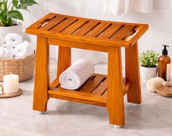 14 Compact Teak Shower Stool with Shelf & Handle, Waterproof, Non-Slip Bath Bench for Small Bathrooms/Outdoor Use, 300 lbs Capacity Patented