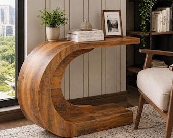 43.3 Inches Farmhouse Console Table, 2-Tier C-Shaped Sofa Table Behind The Couch, Wooden Entryway Table Narrow Hallway Foyer Table, Brown