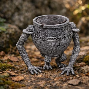 May include: A gray, stone-textured creature-shaped vessel with a round body, two long arms with clawed hands, and two legs. The body features intricate swirling patterns, a braided band, and a circular lid with a central embossed design.