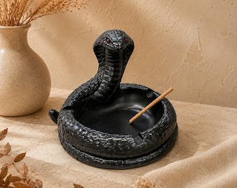 Cobra Ashtray, Black Resin Snake Ashtray with Red Eyes, Gothic Reptile Desk Decor, Unique Gift for Dad Boyfriend Him