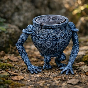 Puede incluir: Una olla decorativa azul oscuro con tapa, brazos y piernas. La olla presenta intrincados diseños grabados y una superficie texturizada. Los brazos y las piernas también están detallados con una textura similar. La olla está sobre hojas y rocas.