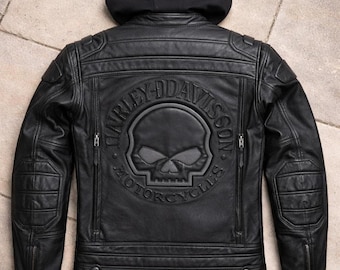 Chaqueta de cuero Harley Davidson con capucha, estilo motero, de piel de vacuno auténtica, color negro, con calavera en relieve en la espalda.