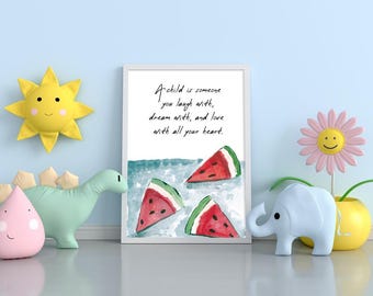 Arte infantil de sandía, impresión con cita en acuarela, decoración infantil de verano (descarga digital)