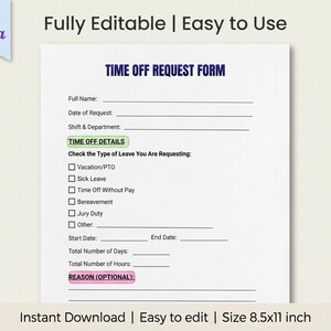 Könnte beinhalten: Ein weißes Urlaubsantragsformular mit blauem Header, der "TIME OFF REQUEST FORM" lautet. Das Formular enthält Felder für vollständigen Namen, Datum und Abteilung, mit Kontrollkästchen für Urlaubsarten wie Urlaub und Krankheit. Der Text "Edit in Canva" befindet sich in der oberen linken Ecke.