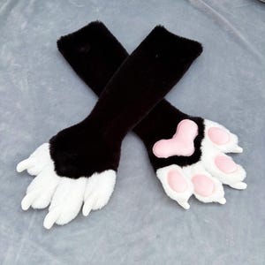 Custom Fursuit Hand Paws | Black White Two-Tone, Pink Heart Pads, Cosplay Accessory