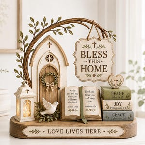 May include: A decorative tabletop display featuring a miniature arched doorway with a wreath, a white dove, an open book with scripture, a hanging sign reading "BLESS THIS HOME," and a stack of books labelled "PEACE," "JOY," and "GRACE."
