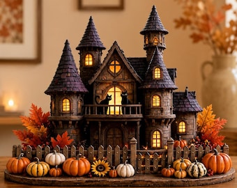 Custom Haunted Castle Wooden Block Decor, Personalized Gothic Manor Sign, Halloween Pumpkin House, Rustic Fall Table Decor, Family Gift