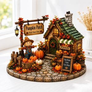 May include: A miniature autumn-themed pumpkin patch display featuring a small house with a green roof, a stone chimney, and a hanging sign that reads Pumpkin Patch Pick Your Own. A scarecrow stands near a wooden fence, pumpkins, and a chalkboard sign.