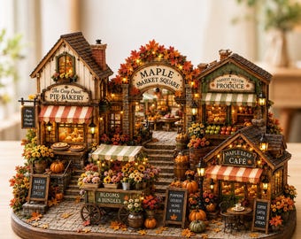 May include: A miniature autumn-themed village display featuring The Cozy Crust Pie Bakery, Maple Market Square, Harvest Hollow Produce, and Maple Leaf Café. The scene includes illuminated buildings, a flower cart, pumpkins, and signs with text.