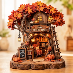 May include: A miniature treehouse sculpture titled The Book Tree, featuring a hollow trunk with a cozy reading nook, a plaid armchair, bookshelves, and a ladder. The exterior is adorned with autumn maple leaves, pumpkins, and lanterns.