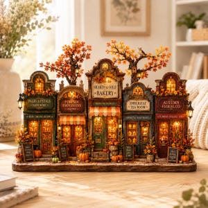 May include: A miniature village display featuring five connected shops: Pages & Petals Book Nook, Pumpkin Provisions, Hearth & Gold Bakery, Emberleaf Tea Room, and Autumn Floral Co. Each shop is illuminated with warm lights and decorated with autumn foliage.