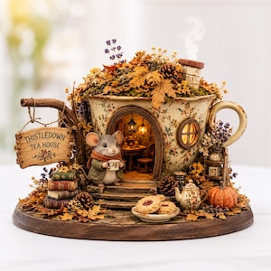 May include: A miniature tea house shaped like a teacup, featuring a mouse figurine holding a cup, a sign reading THISTLEDOWN TEA HOUSE, autumn leaves, pinecones, a pumpkin, and cookies. The structure includes a chimney with smoke and interior lighting.