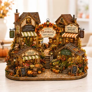 May include: A miniature autumn-themed town square display featuring four shops: Stitched With Love Quilt & Craft Shop, Harvest Lane Bakery, Autumn Acres Produce, and The Cozy Root Plant Shop. The scene is decorated with fall foliage and pumpkins.