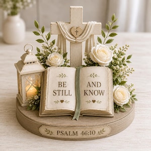 May include: A decorative tabletop display featuring an open book with the text BE STILL AND KNOW, a wooden cross with a heart emblem, a small lantern with a lit candle, and white roses on a round base with the text PSALM 46:10 engraved on the front.