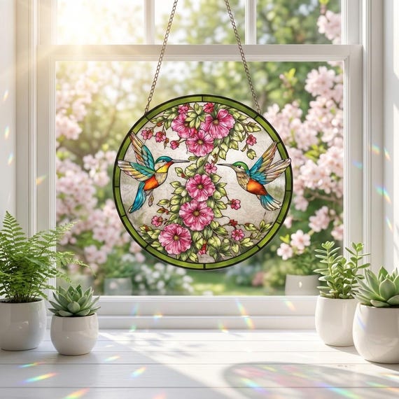 Double Hummingbird and Wild Rose Acrylic Window Hanging, Colorful Floral Sun Catcher, Elegant Stained Glass Style Decor, Mother's Day Gift