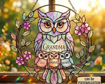 Personalized Grandma Owl Suncatcher | Acrylic Style Window Hanging | Custom Grandchildren Names Gift | Cottagecore Home Decor