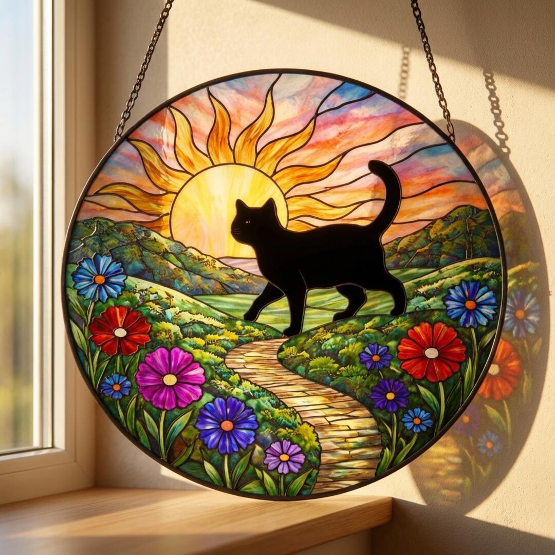 Black Cat Sun Stained Glass Window Hanging, Colorful Sunburst ...
