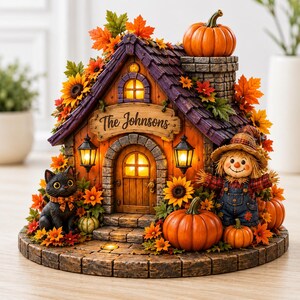 May include: A decorative autumn-themed house figurine featuring a purple roof, a stone chimney with a pumpkin, and a wooden sign reading The Johnsons. It includes a black cat, a scarecrow, pumpkins, sunflowers, and orange leaves with warm lighting.