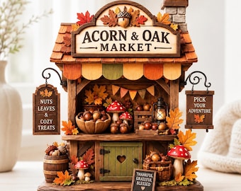 May include: A decorative miniature market stall titled Acorn & Oak Market with a brown roof, autumn leaves, and mushrooms. Signs read Nuts Leaves & Cozy Treats, Pick Your Adventure, and Thankful Grateful Blessed. Includes a lantern and baskets of acorns.