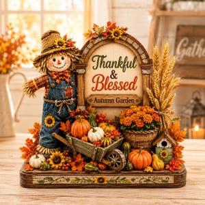 May include: A decorative tabletop display featuring a scarecrow in denim overalls standing next to an arched sign that reads Thankful & Blessed Autumn Garden. The scene includes a miniature wheelbarrow, pumpkins, gourds, sunflowers, and wheat stalks.