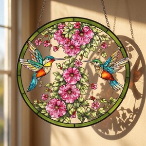 Puede incluir: Una vidriera redonda con dos colibr&iacute;es de alas y picos coloridos. Las aves est&aacute;n rodeadas de flores rosas y hojas verdes. La ventana tiene un borde verde y cuelga de una cadena.