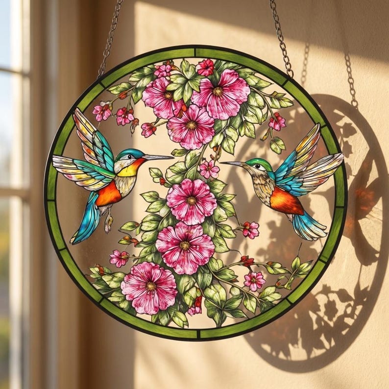 Puede incluir: Una vidriera redonda con dos colibr&iacute;es de alas y picos coloridos. Las aves est&aacute;n rodeadas de flores rosas y hojas verdes. La ventana tiene un borde verde y cuelga de una cadena.