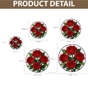 Puede incluir: Dise&ntilde;os circulares de vidrieras con rosas rojas y hojas verdes. Los tama&ntilde;os var&iacute;an de 10 cm a 30 cm de di&aacute;metro. Incluye el texto "PRODUCT DETAIL".