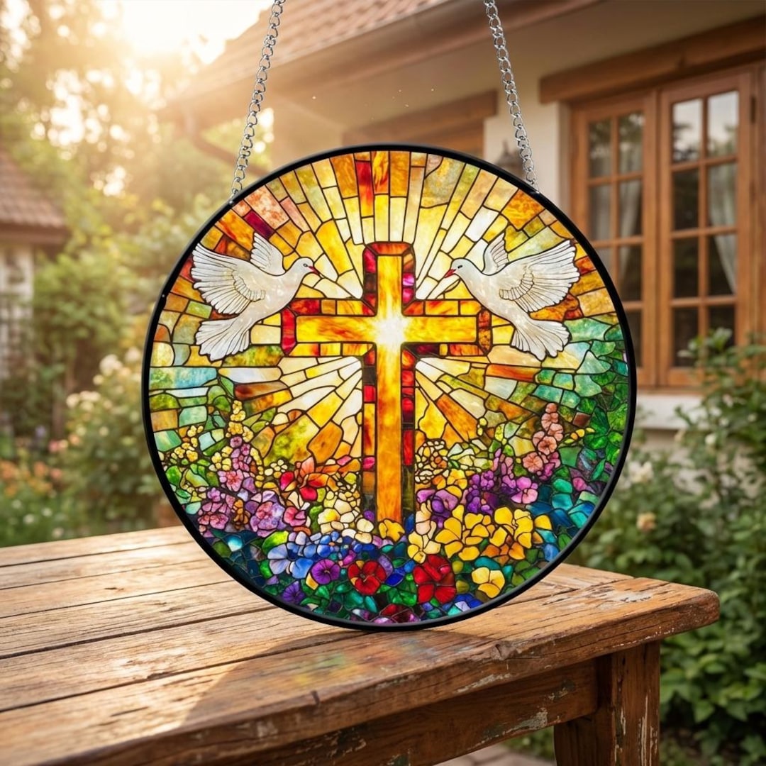 Cross Doves Stained Glass Suncatcher Window Hanging, Religious Window ...