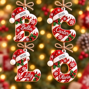 Personalized Initial Christmas Ornament 2026, Custom Name Letter Acrylic Keepsake, Candy Cane Monogram Gift, Family Christmas Tree Decor