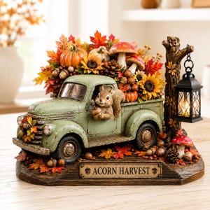 May include: A decorative tabletop figurine featuring a vintage light green truck carrying pumpkins, sunflowers, and mushrooms. A squirrel sits in the driver seat holding an acorn. A tree trunk with a hanging lantern stands beside the truck. The base is labeled ACORN HARVEST.