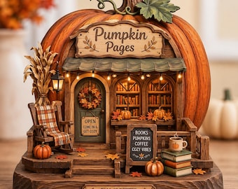 May include: A decorative pumpkin-shaped bookstore figurine featuring a sign that reads Pumpkin Pages. The scene includes a rocking chair, a stack of books, a coffee mug, and signs stating Open Come In & Get Cozy, Books Pumpkins Coffee Cozy Vibes, and Fall Is Better With A Good Book.