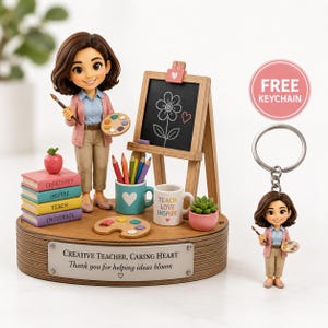 May include: A figurine of a teacher with brown hair wearing a pink cardigan, blue shirt, and tan trousers, standing on a wooden base with a plaque reading "CREATIVE TEACHER, CARING HEART Thank you for helping ideas bloom". Includes a chalkboard, books, and a keychain.